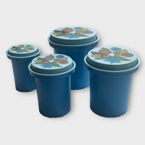 Rubbermaid Nesting Canister Set of 4 Blue Floral Plastic 1970s Vtg Retro # 2226 - Picture 1 of 4