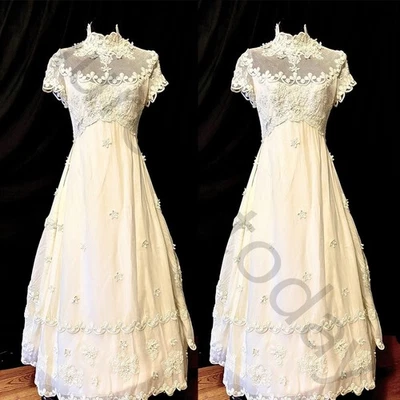 Vintage Wedding Dress High Neck Short Sleeve Lace Applique Illusion Bridal Gown - Image 1 of 4
