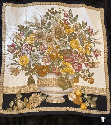 "Bufanda Nordstrom 100 % seda 33"" cuadrada dinero antiguo Italia floral negro tostado" Foto 1 de 4