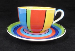 Whittard of Chelsea Hand Painted Large Mug & Saucer Set Multi Stripes Cappuccino - Picture 1 of 11