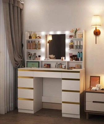 Dressing Table With Mirror, Vanity Desk, Adjustable 3-Colour LED Lights, Makeup - Image 1 of 4