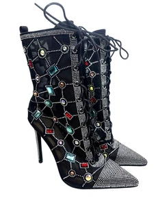 Azalea Wang Diamond Dream Lace Up Gem Black Mesh Jewel Booties Size 8 Ladies - Picture 1 of 16