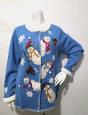 Vtg Quacker Factory M Cardigan Sweater Snowman Blue Button Up Winter Embellished - Image 1 of 4
