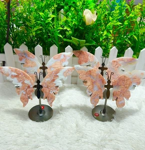 Natürliche Druzy Pink Achat Schmetterlingsflügel Kristall Schmetterlingsflügel mit Ständer 1 Stück - Bild 1 von 7