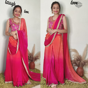 Indian Bollywood Manish Malhotra inspired Stitched Saree-Pink-orange ombre