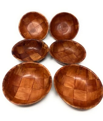 Vintage Set of 6 Wooden Bamboo Parquet Bowls 6" - Image 1 of 4