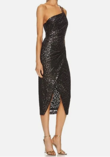 IRO Women's Black Metallic Leopard One-Shoulder Sheath Dress Size FR42/US10