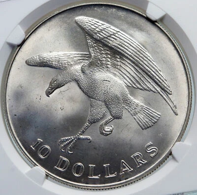 Moneda de 10 dólares de plata antigua genuina 1974 Singapur con Sea Eagle NGC i85975 Foto 1 de 4