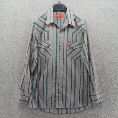 Vtg Ely Plains Shirt Mens 15 32/33 Gray Teal Stripe Pearl Snap Western Cowboy - Image 1 of 4