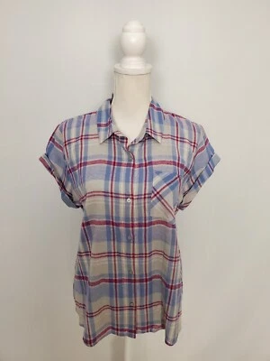 Grande para mujer Lucky Brand azul/gris/rosa a cuadros manga corta con puños abotonados. Foto 1 de 4