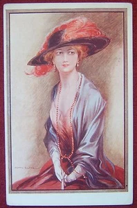 KÜNSTLER SIGNIERTE POSTKARTE / JOHN ELVIN - HUT DAME / 1913 - Bild 1 von 2