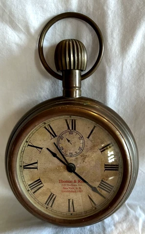 VTG Brass Wall/Desk Clock & Alarm Pocket Watch Shaped 8" Thomas & Ross, New York Cover