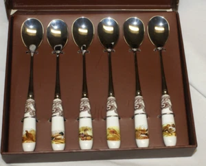 6 Spode Woodland Motif Cocktail Teaspoons Ceramic Porcelain Stainless Steel - Picture 1 of 5