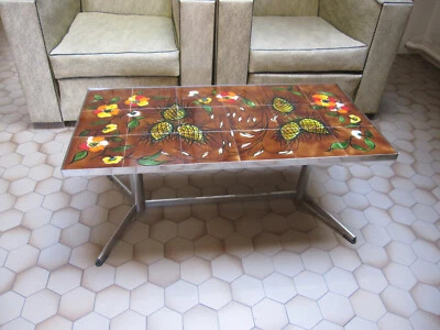 VALLAURIS TABLE BASSE DECOR FLORAL signée LA GRANGE - Photo 1/3