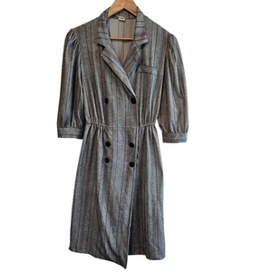 Vintage 80s Shirt Dress Women Large Gray Striped Midi Pleated Glam Rock Preppy - Picture 1 of 11