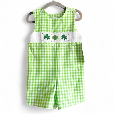 Southern Sunshine Shamrock Smocked Jon Jon Green Gingham Romper Baby Boy sz 18M - Image 1 of 4