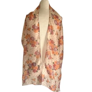 Vintage 100% Silk Floral Scarf India Sheer Polka Dot Wrap Shawl Pink Orange - Picture 1 of 12