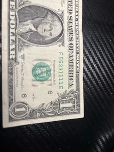 2017 dollar bill Extremely Rare Serial Number F55331111E - Picture 1 of 3