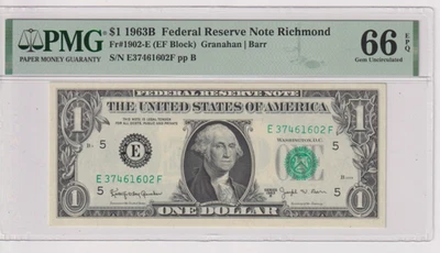 Fr 1902-E 1963B $1 FRN E37461602F PMG 66EPQ RICHMOND BARR 1963-B - Image 1 of 2