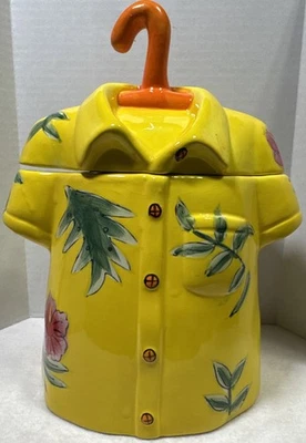 Hawaiian Shirt Ceramic Cookie Jar Yellow Tropical Hibiscus Beach Island Floral - Image 1 of 4
