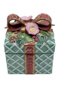 Fitz & Floyd Classics Christmas Wreath Porcelain Trinket Gift Box 5” Green Gold - Bild 1 von 12