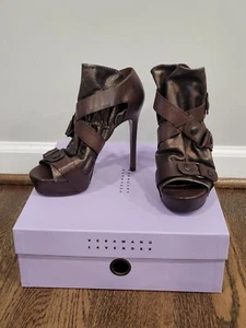 New NIB Vera Wang Brown Leather Platform High Heels Stilettos Peep Toe Italy 7 - Picture 1 of 10