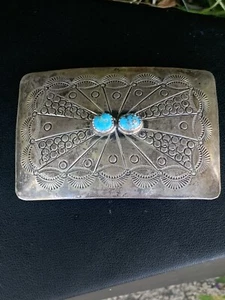 Vintage Navajo Turquoise Gemstone And Sterling Silver Belt Buckle - 30 Grams K16 - Picture 1 of 9