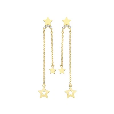 Pendientes colgantes de cadena de estrellas de 4 piedras de oro amarillo de 9 quilates 375 con sello nuevos en caja Foto 1 de 3