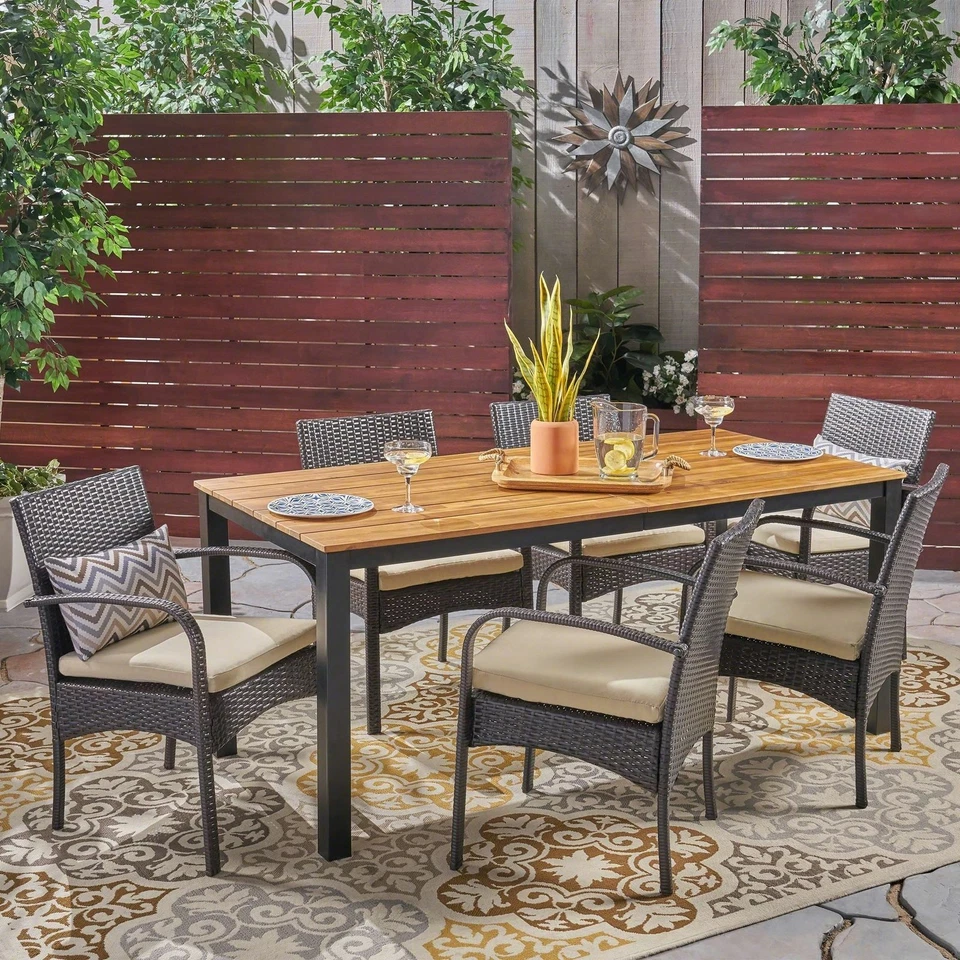 Nicole Outdoor 7 Piece Acacia Wood Dining Set with Wicker Chairs, Teak and Multi - Image 1 of 4