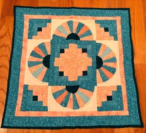 Quilted table topper or wall hanging, blue, pink & white, 20 x 20 new handmade - Picture 1 of 7