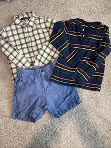 BOYS JANIE JACK BLUE LINEN Shorts & Long Sleeves Tee & Plaid Shirt Size 7 - Picture 1 of 17
