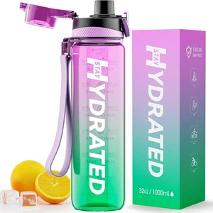 Water Bottle, 32 Oz Motivational Water Bottles with Time Marker-Tritan & BPA Fre - Picture 1 of 12