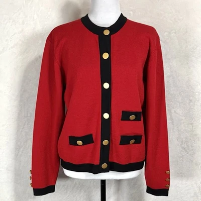 Chaqueta cárdigan de lana tejida Lord & Taylor vintage L rojo bloques de colores botones dorados Foto 1 de 4