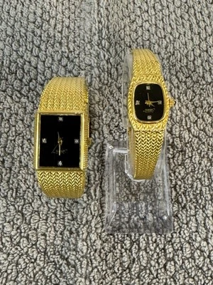 His & Hers Vintage XAVIER Quartz Diamond Black Dial Goldtone Watch New Batteries - Image 1 of 4