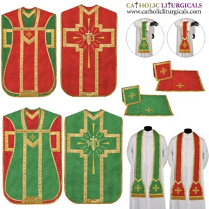 Red and Green Reversible Travel Fiddleback Vestment IHS with 5pc mass set - Picture 1 of 1