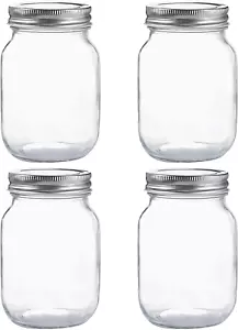 Tarros de masón de boca regular de vidrio 16 oz tapas de metal plateado transparente almacenamiento de alimentos 4 PAQUETE - Imagen 1 de 8