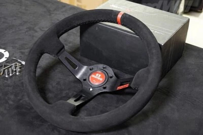MOMO Suede Leather Deep Dish Racing Red horn Steering Wheel Black Red 13in - Image 1 of 4