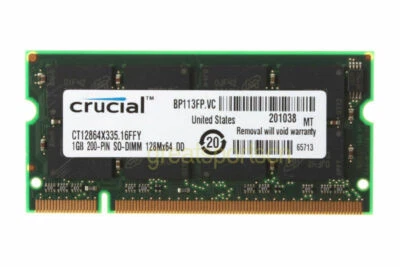Crucial 1GB PC2700 DDR333MHZ 200Pin 2.5V SODIMM Low Density Notebook Memory RAM - Image 1 of 4
