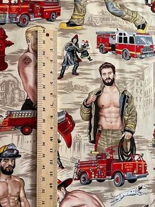 Alexander Henry Fireman Pinup Fabric Yd Feel The Heat Sexy Fire truck Beige - Picture 1 of 16
