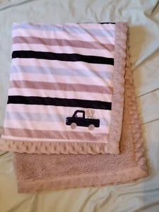Carters Child of Mine Navy Blue Gray Truck Baby Blanket White Stripes Sherpa - Picture 1 of 3