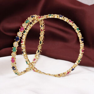 Ethnic Indian Bollywood Gold Plated 2 PCs Zirconia Bangle Bracelet Women Jewelry