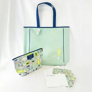Clinique x Kate Spade Juego de 3 piezas Bolso de compras verde Bolso grande Maquillaje y tarjetas de notas - Imagen 1 de 7