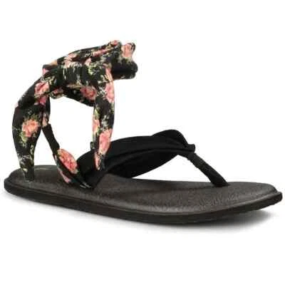 SANUK SANDALIAS DE YOGA NEGRAS FLORALES ESTAMPADAS CON CORDONES, US 6 Foto 1 de 4