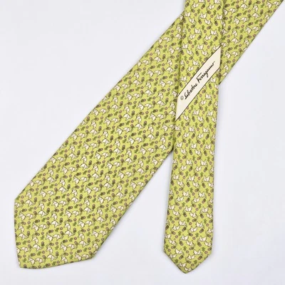 Salvatore Ferragamo Tie Silk Necktie Elephant & Floral on Yellow Green - Image 1 of 4