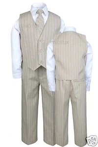 4pcs Vest Sets Boys Pinstripe Formal Wedding Tuxedo Suits Khaki Taupe Beige S-20 - Picture 1 of 4