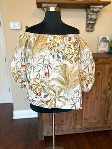 H&M XL Peasant Top Elastic Neckline Bishop Sleeves Tropical Floral Print Boxy - Picture 1 of 7