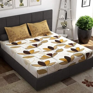 Baumwolle Blumenmuster 1 Kingsize-Bettlaken mit 2 Kissenbezügen Gold und Weiß - Bild 1 von 5