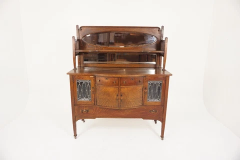 American Mission Tiger Oak Mirror Back Sideboard Leaded Glass, America 1910 H700 Cover