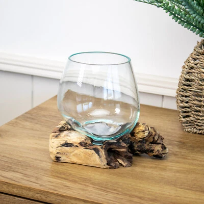 Teak Root With Mini Glass Bowl Rustic Wood Base Round Molten Dish Decor Ornament - Image 1 of 4