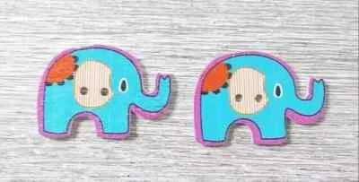 elephant jungle wood buttons sewing 2 holes 1 1/8 inch blue red 2pc set new - Image 1 of 2